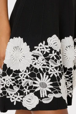 MILLY Mini Dresses-Sleeveless Lace Trim Fit And Flare Dress Black/Ecru