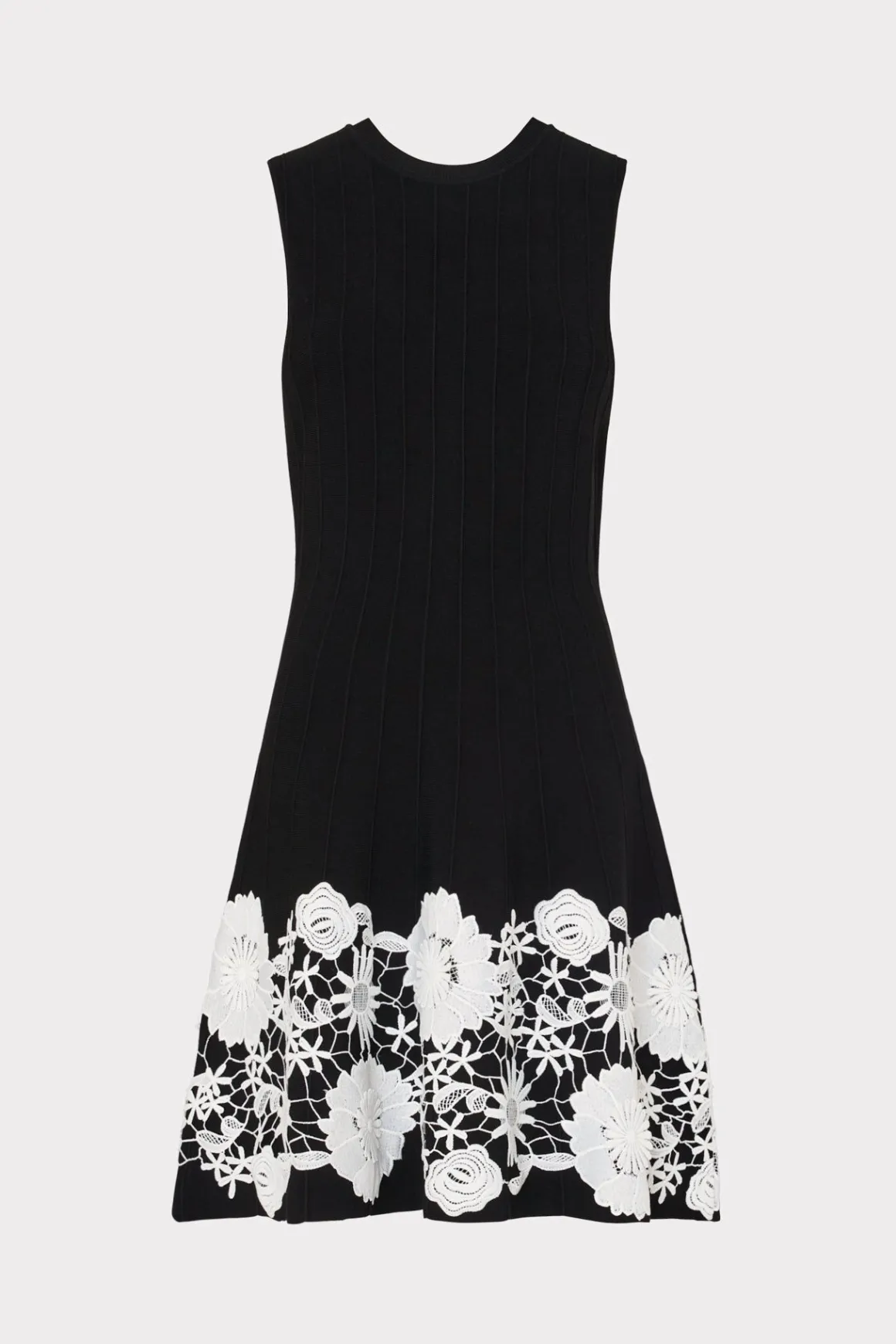 MILLY Knit Dresses-Sleeveless Lace Trim Fit And Flare Dress Black/Ecru