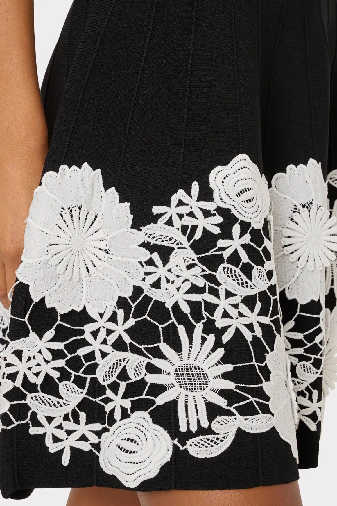 MILLY Knit Dresses-Sleeveless Lace Trim Fit And Flare Dress Black/Ecru