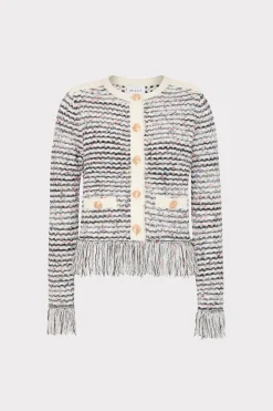 MILLY Sweaters & Knits-Textured Fringe Cardigan Jacket Ecru Multi
