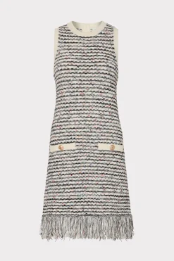 MILLY Knit Dresses-Textured Fringe Knit Mini Dress Ecru Multi