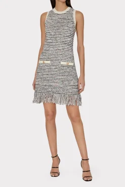 MILLY Day Dresses-Textured Fringe Knit Mini Dress Ecru Multi
