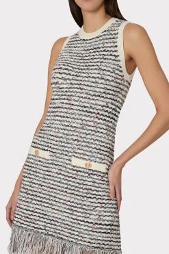 MILLY Mini Dresses-Textured Fringe Knit Mini Dress Ecru Multi