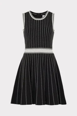 MILLY Mini Dresses-Vertical Texture Fit And Flare Dress Black/Ecru