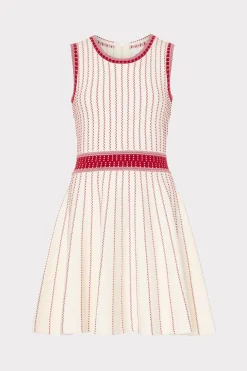 MILLY Knit Dresses-Vertical Texture Fit And Flare Dress Ecru/Red