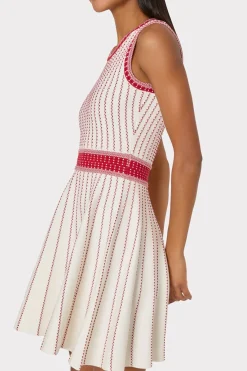 MILLY Mini Dresses-Vertical Texture Fit And Flare Dress Ecru/Red