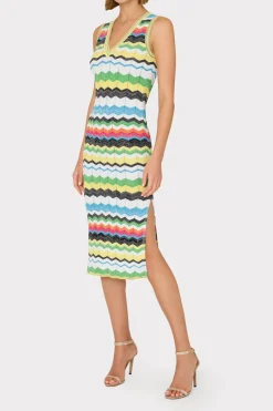 MILLY Sweaters & Knits-V-Neck Zig Zag Midi Dress Yellow Multi