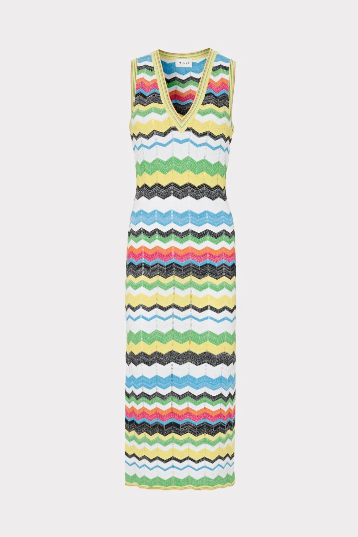 MILLY Jumpsuits & Rompers-V-Neck Zig Zag Midi Dress Yellow Multi