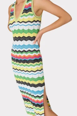 MILLY Knit Dresses-V-Neck Zig Zag Midi Dress Yellow Multi