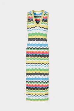 MILLY Sundresses-V-Neck Zig Zag Midi Dress Yellow Multi