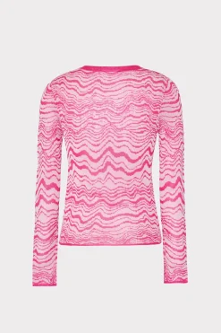 MILLY Tops-Wave Jacquard Crewneck Pullover Pink/Ecru