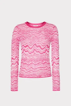 MILLY Sweaters & Knits-Wave Jacquard Crewneck Pullover Pink/Ecru