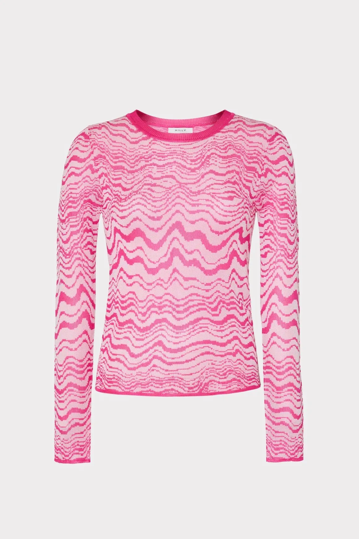 MILLY Sweaters & Knits-Wave Jacquard Crewneck Pullover Pink/Ecru