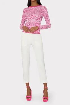 MILLY Sweaters & Knits-Wave Jacquard Crewneck Pullover Pink/Ecru