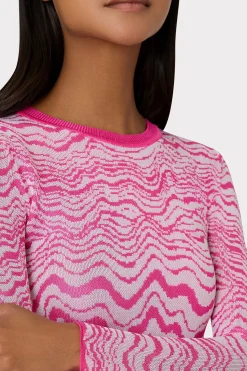 MILLY Sweaters & Knits-Wave Jacquard Crewneck Pullover Pink/Ecru
