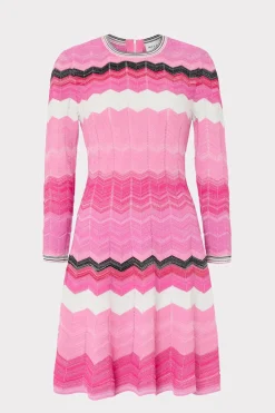 MILLY Pink Dresses-Zig Zag Long Sleeve Flare Dress Pink Multi